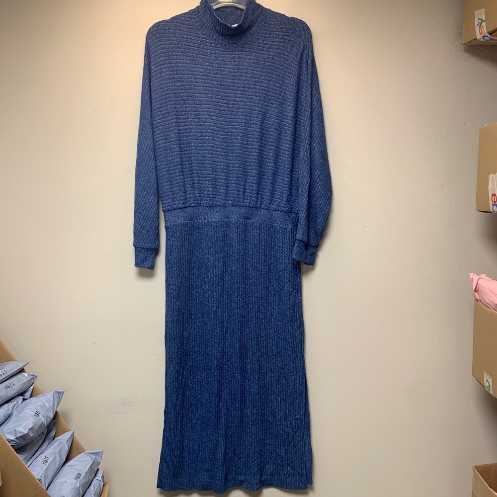 Saturday Sunday Anthropologie Knit Midi Dress Womens L Blue Ribbed Mock Neck